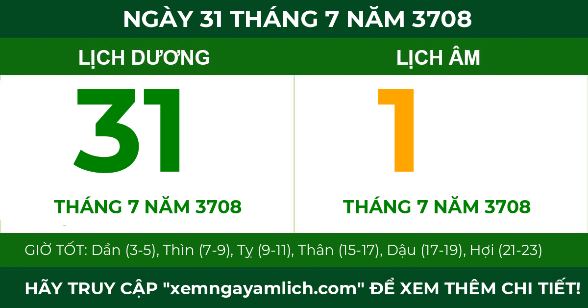 lịch âm ngày 31 tháng 7 năm 3708