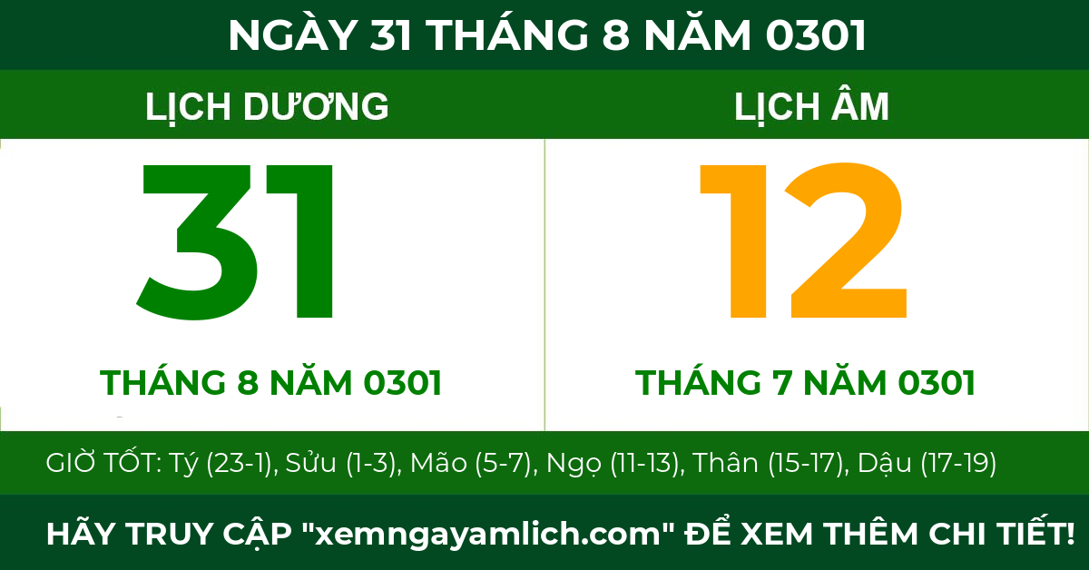lịch âm ngày 31 tháng 8 năm 0301