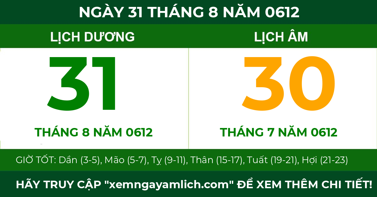 lịch âm ngày 31 tháng 8 năm 0612
