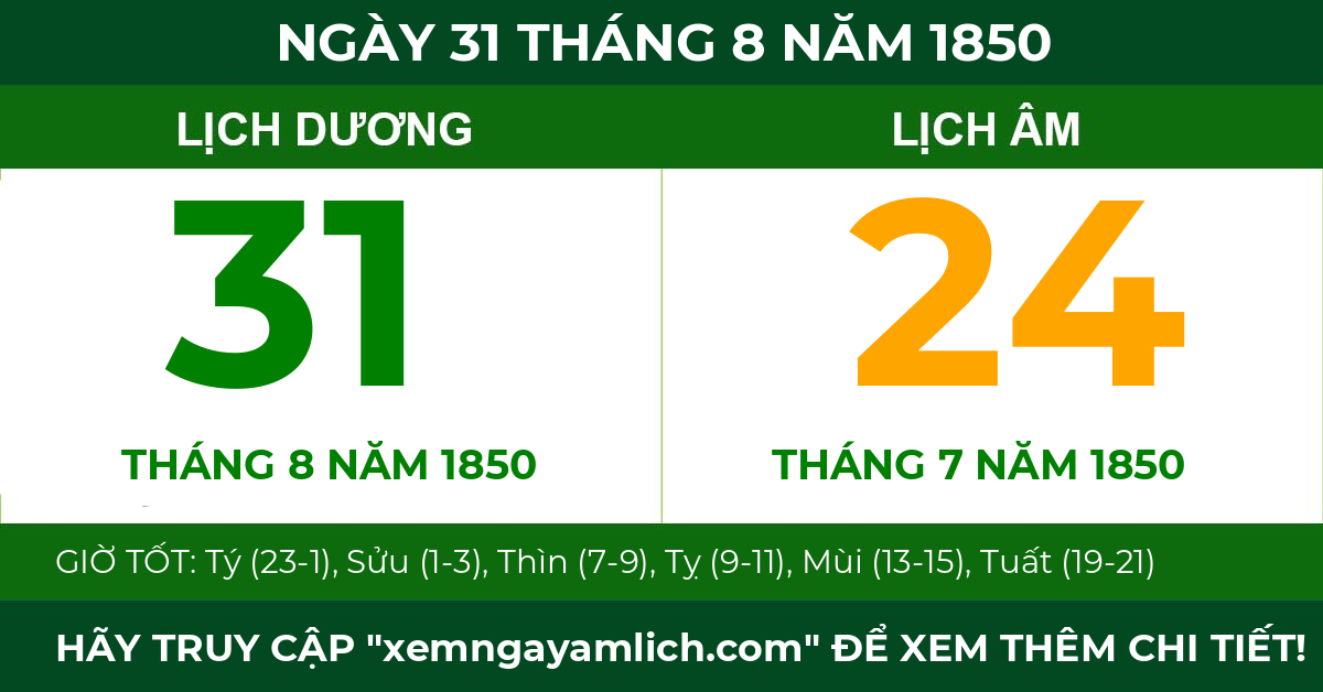 lịch âm ngày 31 tháng 8 năm 1850