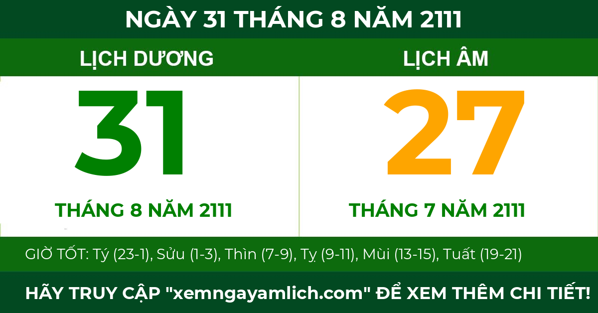 lịch âm ngày 31 tháng 8 năm 2111