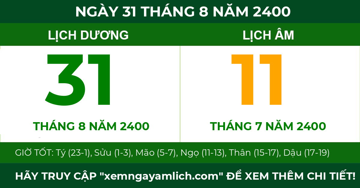 lịch âm ngày 31 tháng 8 năm 2400