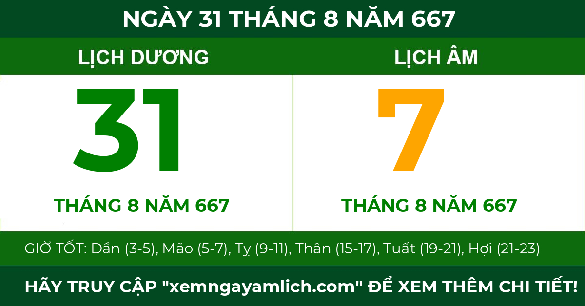 lịch âm ngày 31 tháng 8 năm 667