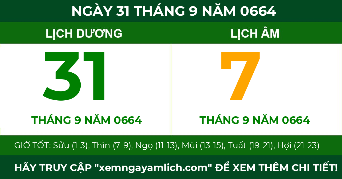 lịch âm ngày 31 tháng 9 năm 0664
