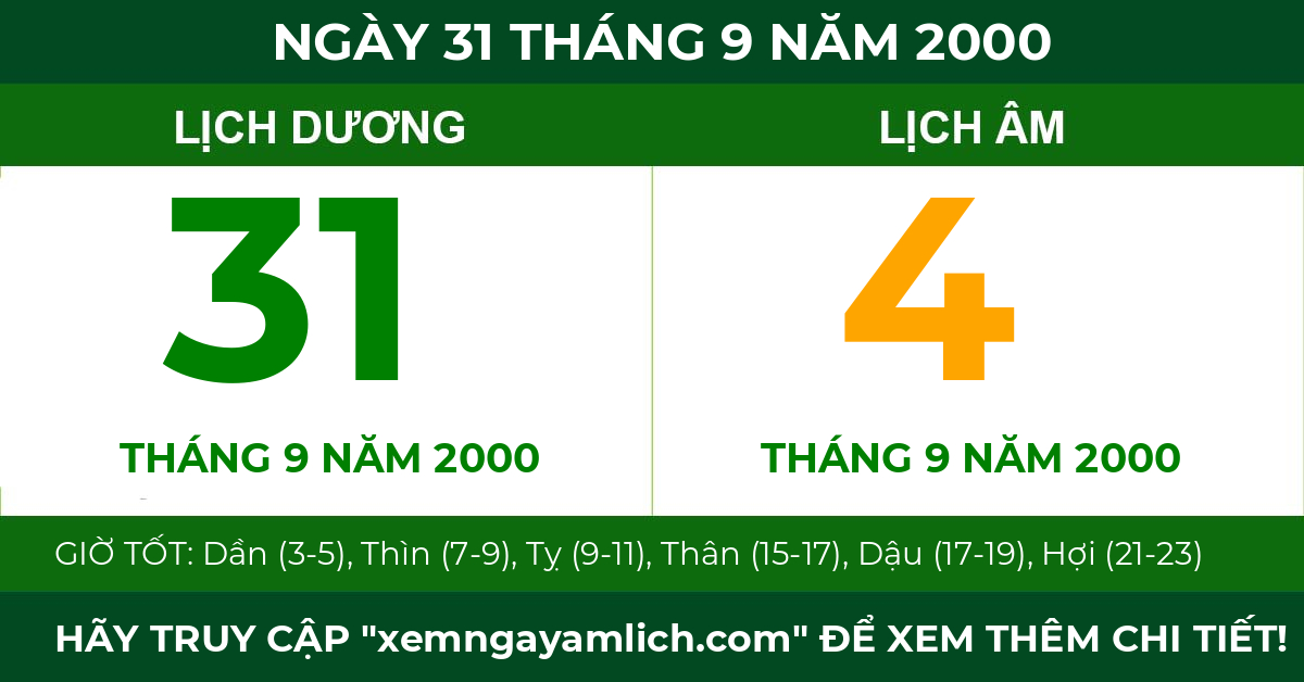 lịch âm ngày 31 tháng 9 năm 2000