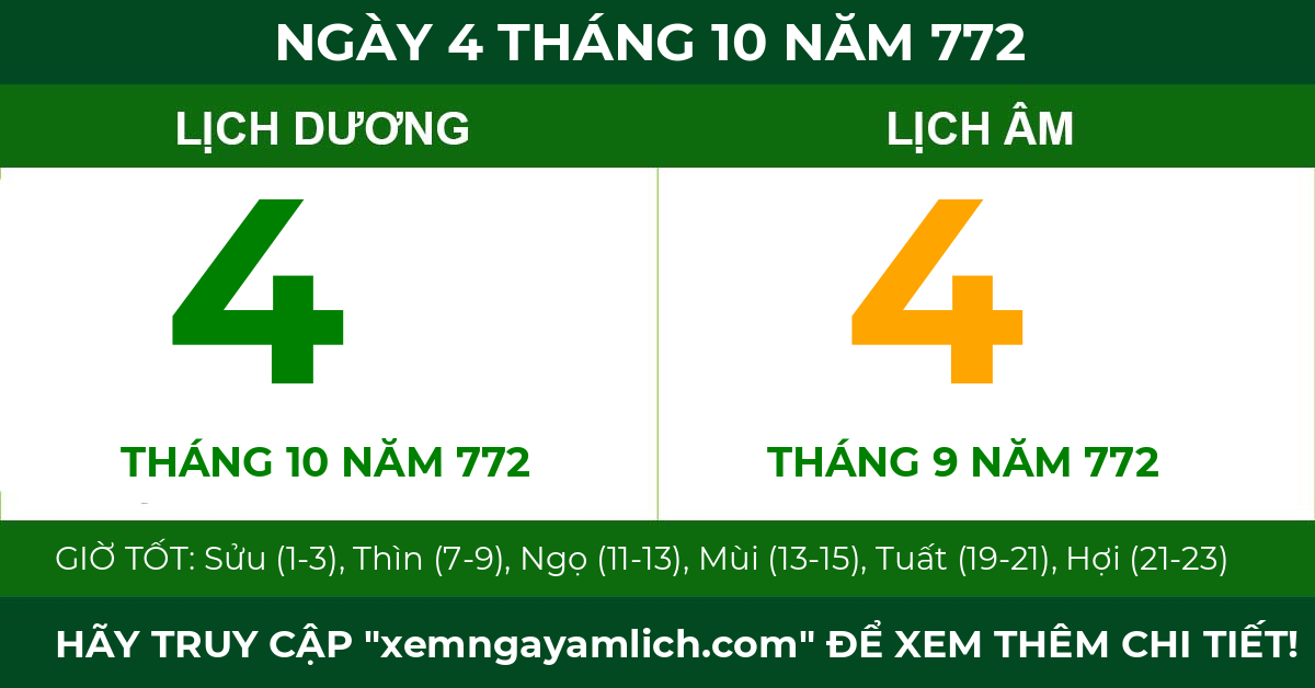 lịch âm ngày 4 tháng 10 năm 772