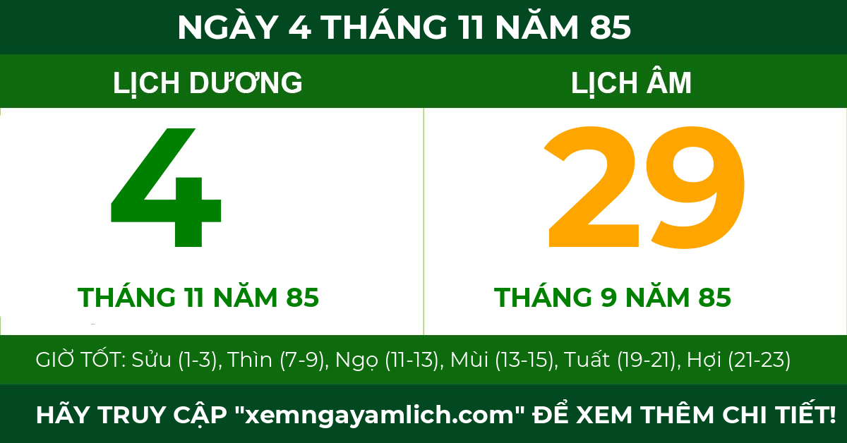 lịch âm ngày 4 tháng 11 năm 85