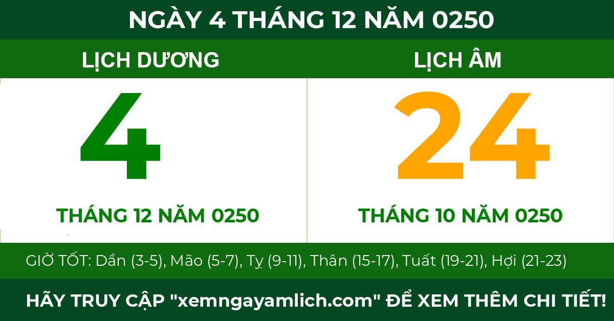 lịch âm ngày 4 tháng 12 năm 0250