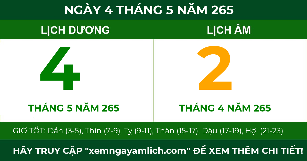 lịch âm ngày 4 tháng 5 năm 265