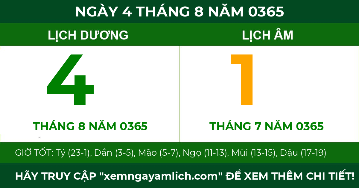 lịch âm ngày 4 tháng 8 năm 0365