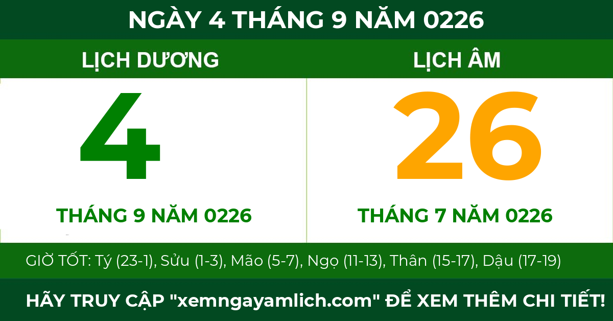lịch âm ngày 4 tháng 9 năm 0226