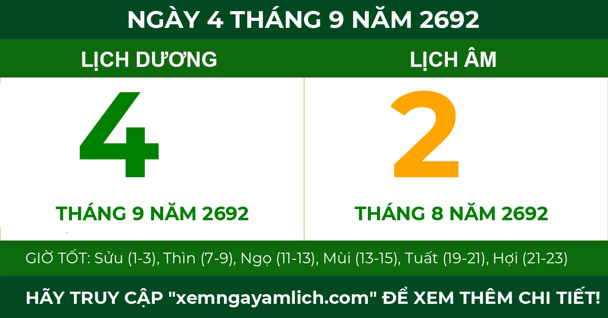 lịch âm ngày 4 tháng 9 năm 2692