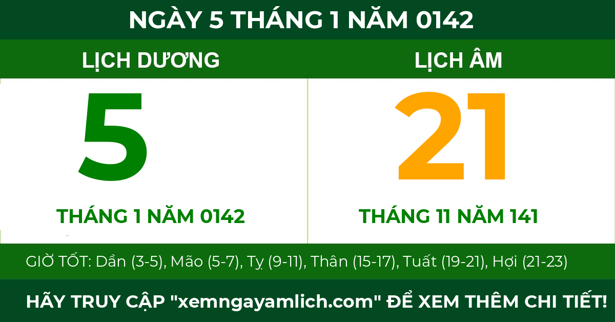 lịch âm ngày 5 tháng 1 năm 0142