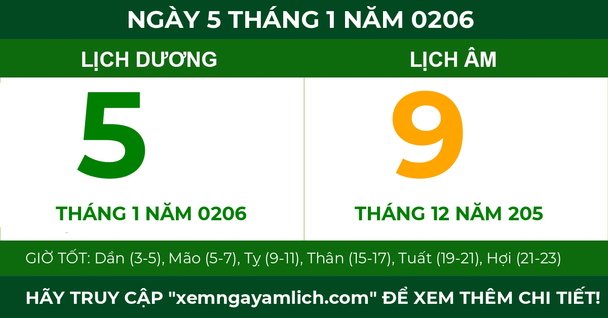 lịch âm ngày 5 tháng 1 năm 0206