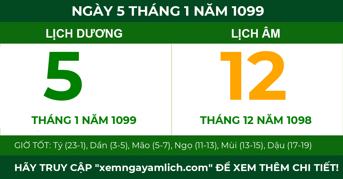 lịch âm ngày 5 tháng 1 năm 1099