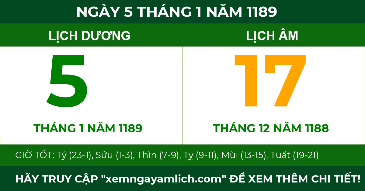 lịch âm ngày 5 tháng 1 năm 1189