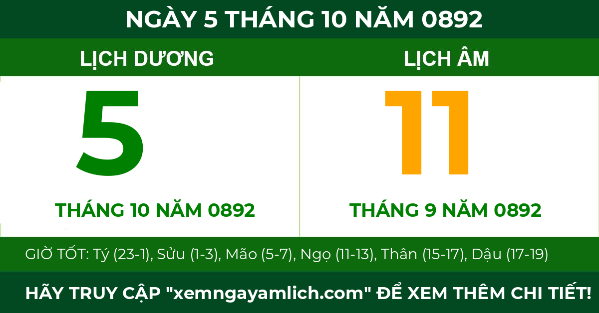 lịch âm ngày 5 tháng 10 năm 0892