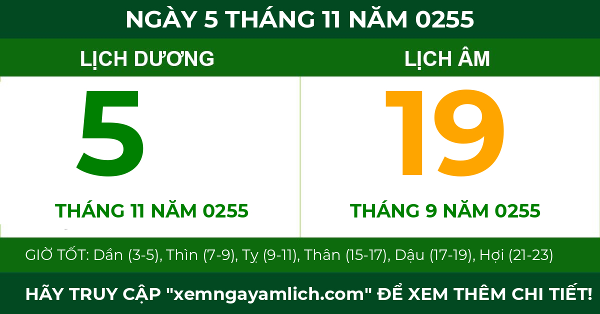 lịch âm ngày 5 tháng 11 năm 0255