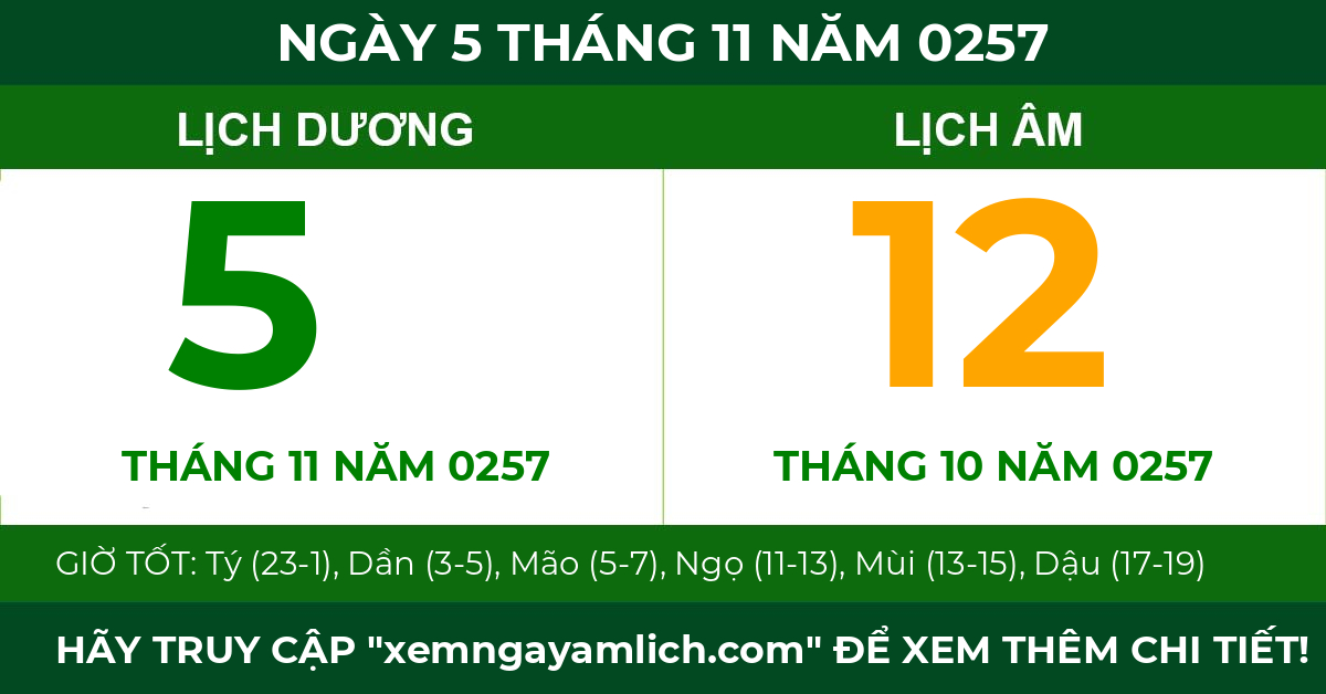 lịch âm ngày 5 tháng 11 năm 0257
