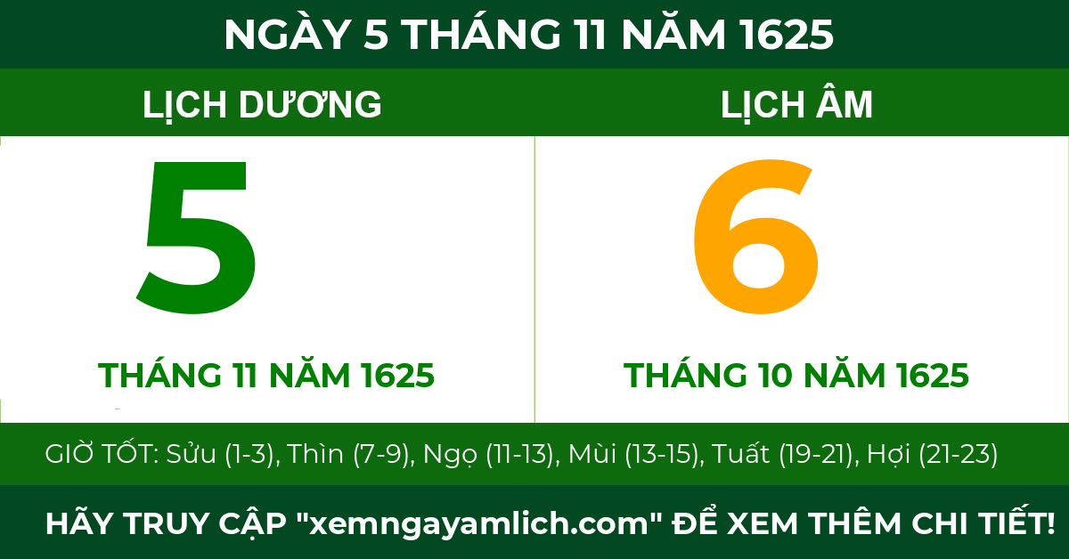 lịch âm ngày 5 tháng 11 năm 1625