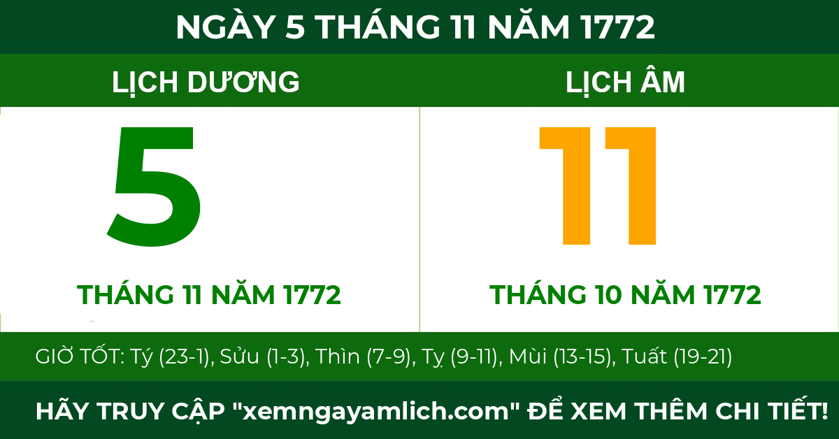 lịch âm ngày 5 tháng 11 năm 1772