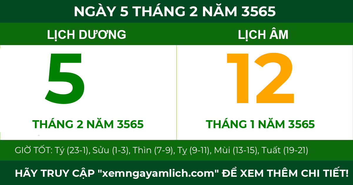 lịch âm ngày 5 tháng 2 năm 3565