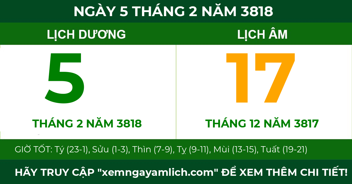 lịch âm ngày 5 tháng 2 năm 3818