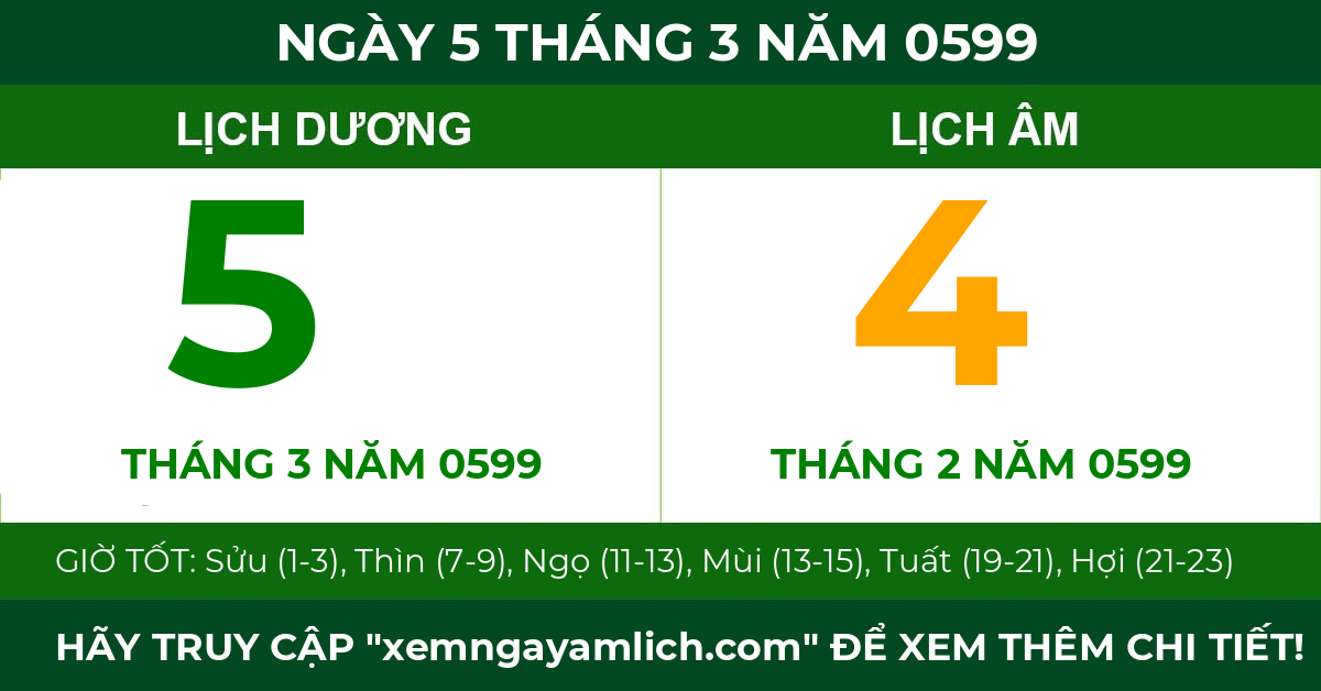 lịch âm ngày 5 tháng 3 năm 0599