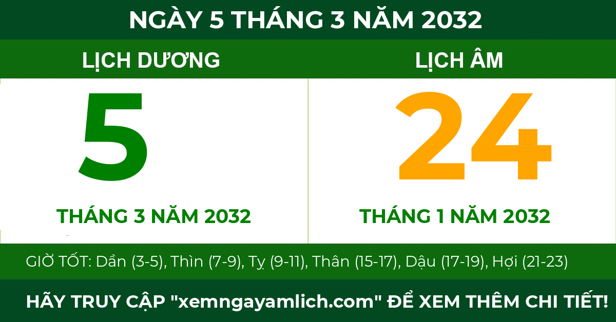 lịch âm ngày 5 tháng 3 năm 2032