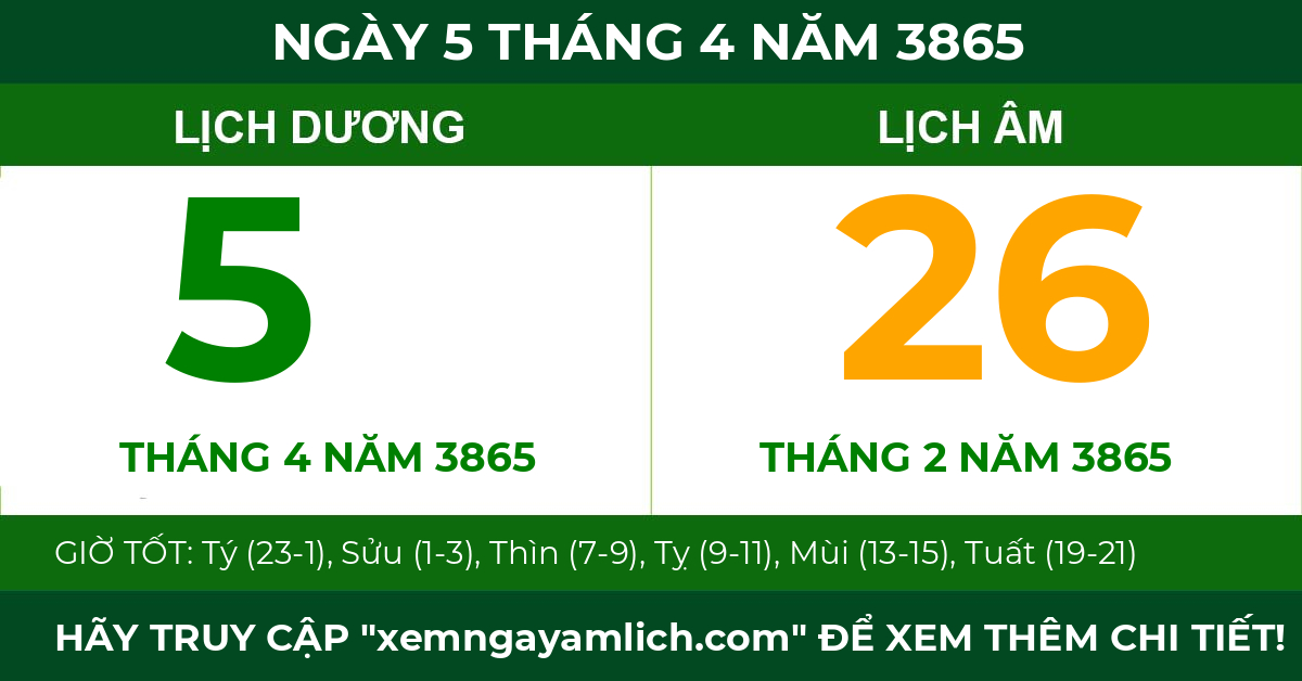 lịch âm ngày 5 tháng 4 năm 3865