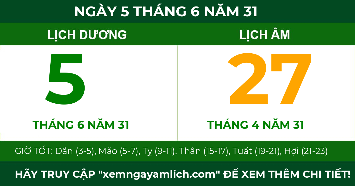 lịch âm ngày 5 tháng 6 năm 31