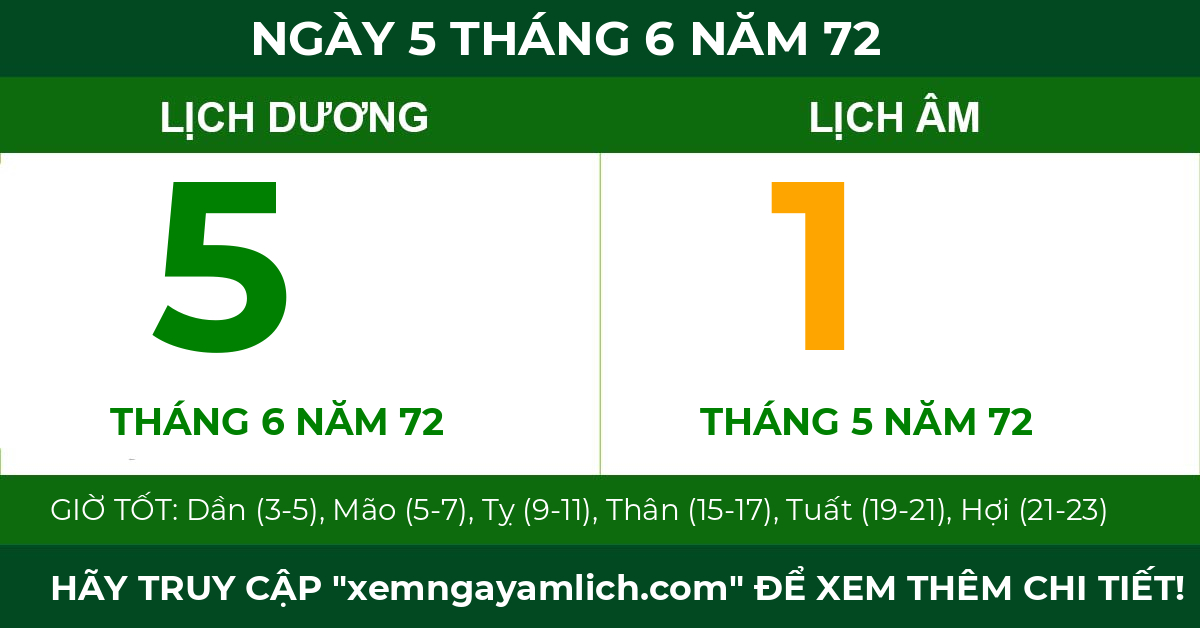 lịch âm ngày 5 tháng 6 năm 72