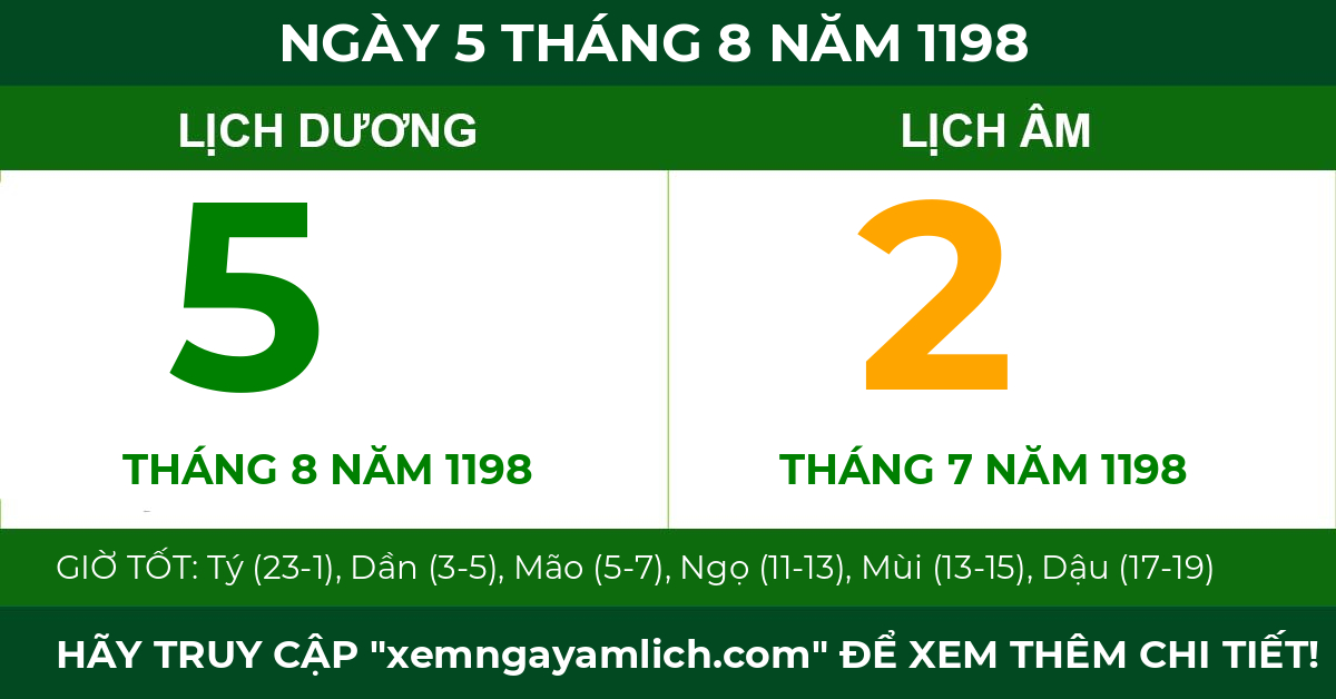 lịch âm ngày 5 tháng 8 năm 1198
