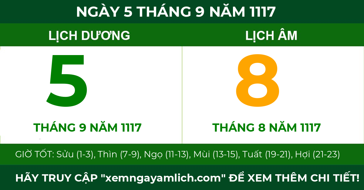 lịch âm ngày 5 tháng 9 năm 1117