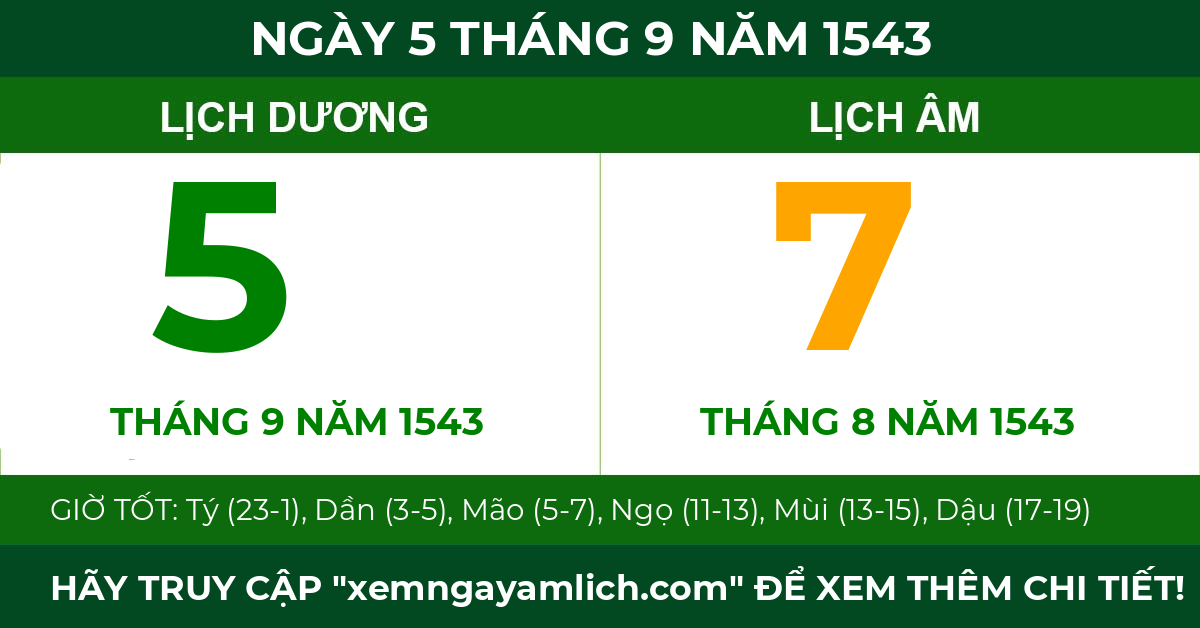 lịch âm ngày 5 tháng 9 năm 1543
