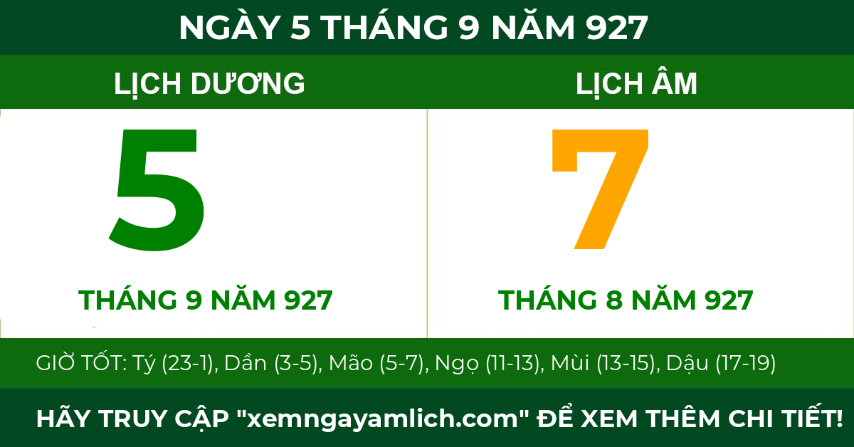 lịch âm ngày 5 tháng 9 năm 927
