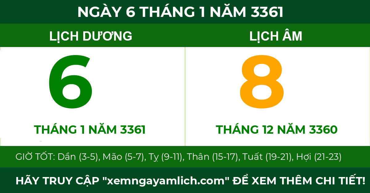lịch âm ngày 6 tháng 1 năm 3361