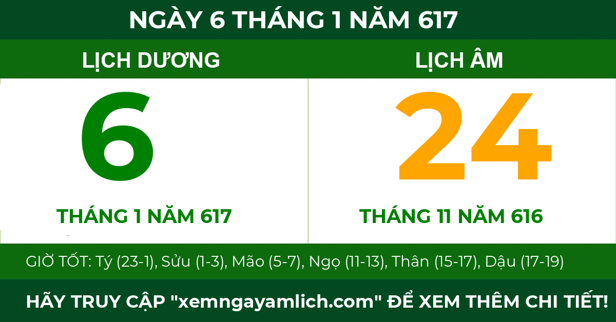 lịch âm ngày 6 tháng 1 năm 617