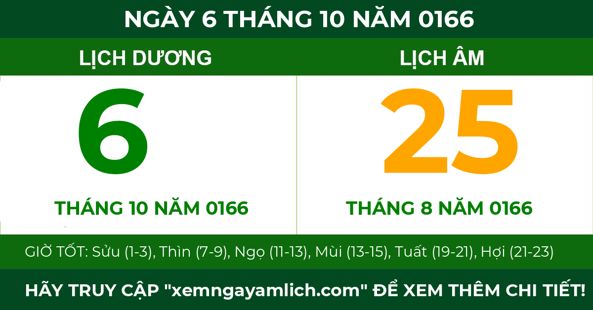 lịch âm ngày 6 tháng 10 năm 0166