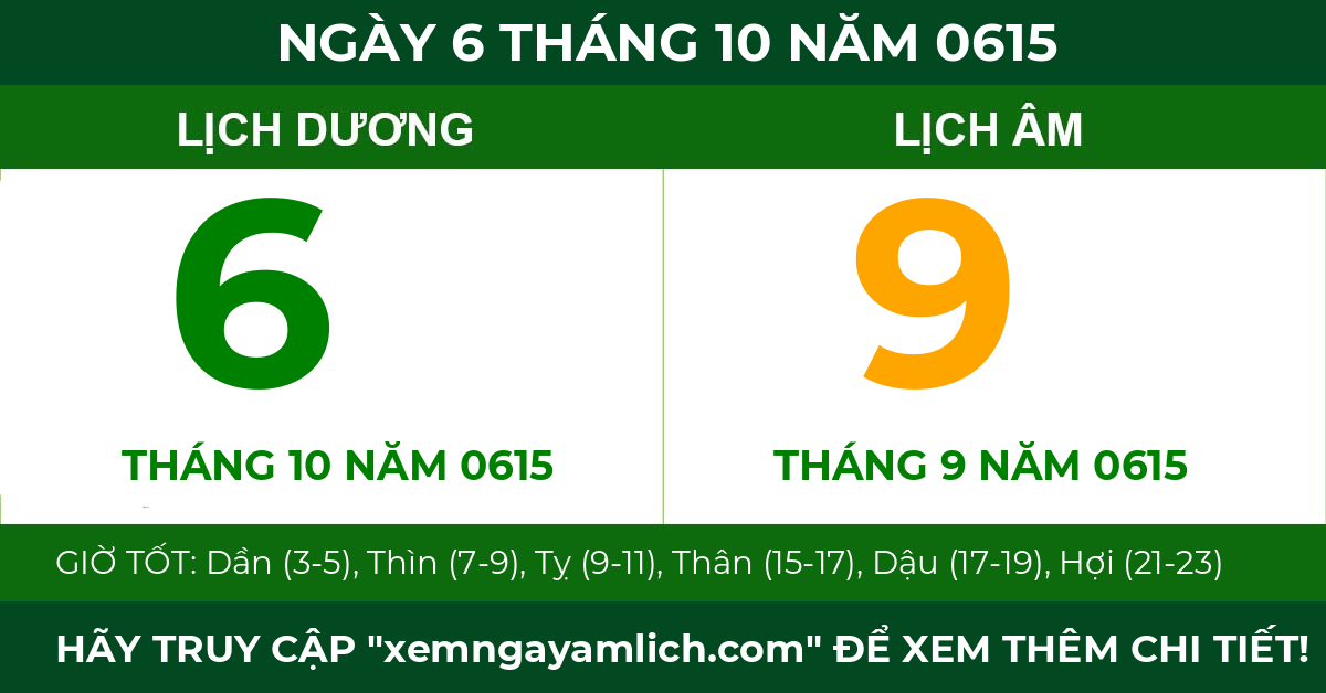 lịch âm ngày 6 tháng 10 năm 0615