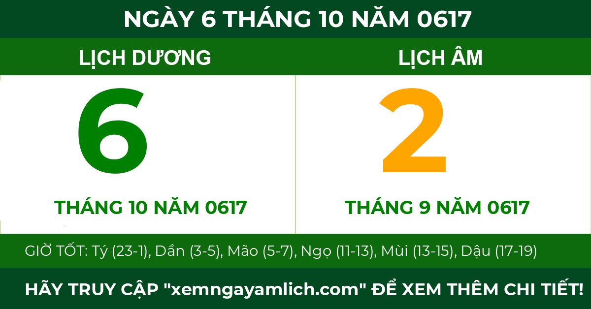lịch âm ngày 6 tháng 10 năm 0617