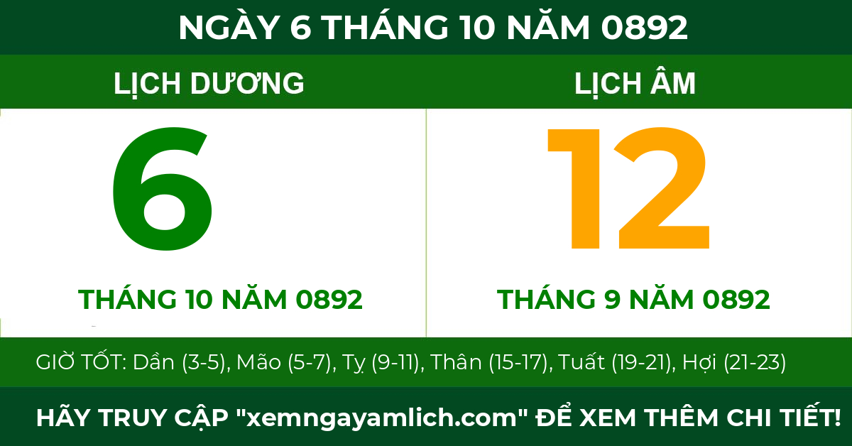 lịch âm ngày 6 tháng 10 năm 0892