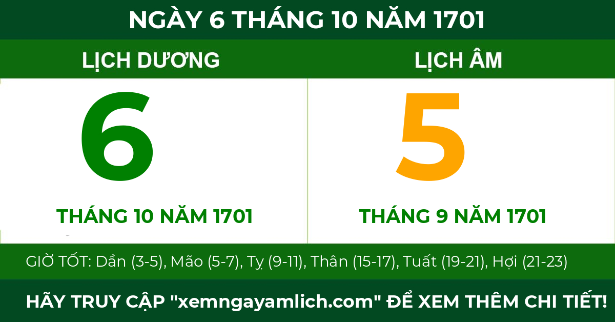 lịch âm ngày 6 tháng 10 năm 1701