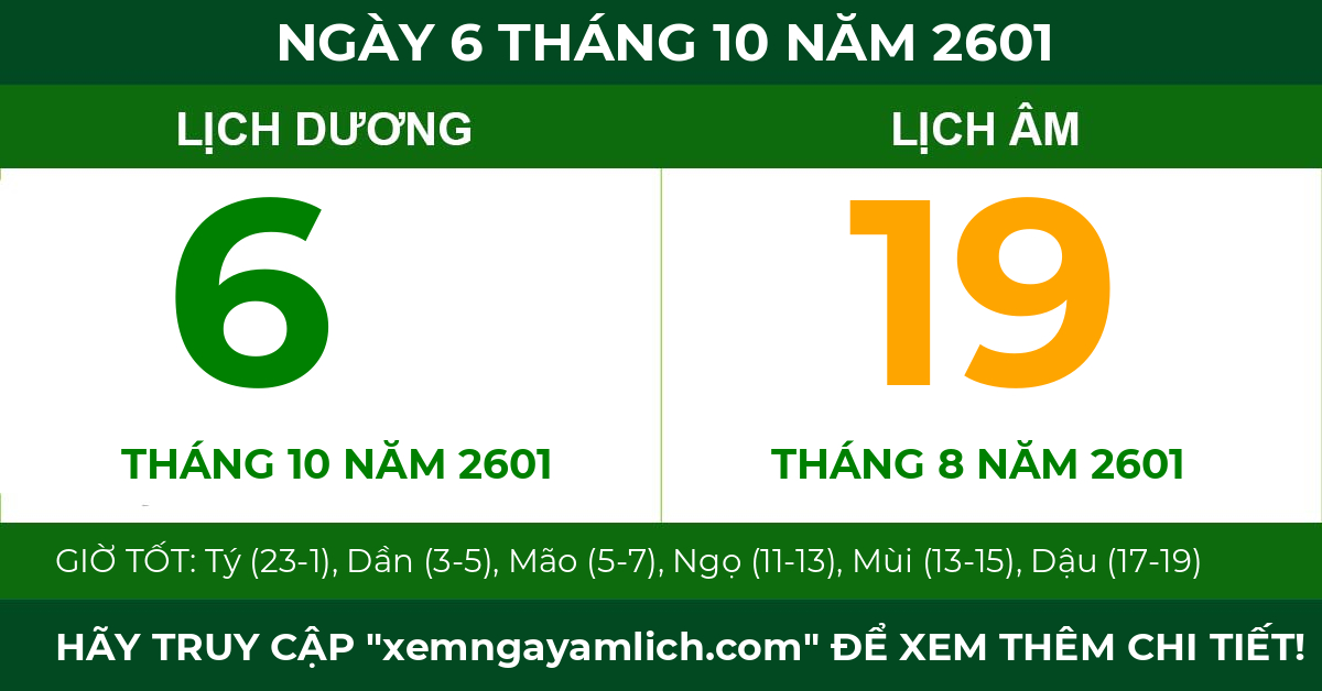 lịch âm ngày 6 tháng 10 năm 2601