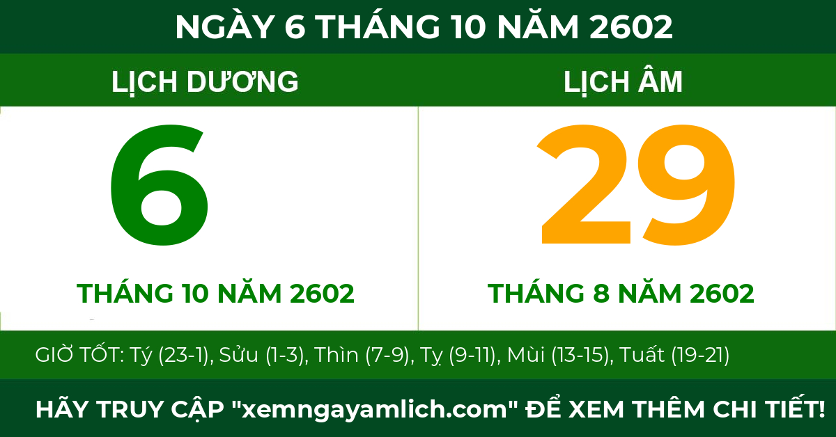 lịch âm ngày 6 tháng 10 năm 2602