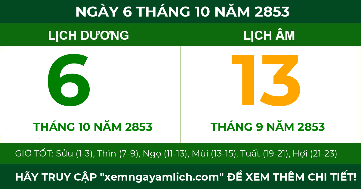 lịch âm ngày 6 tháng 10 năm 2853