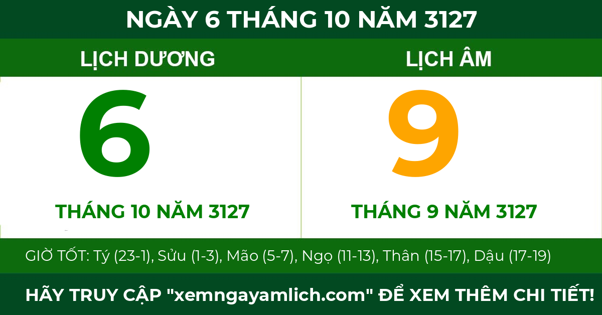 lịch âm ngày 6 tháng 10 năm 3127