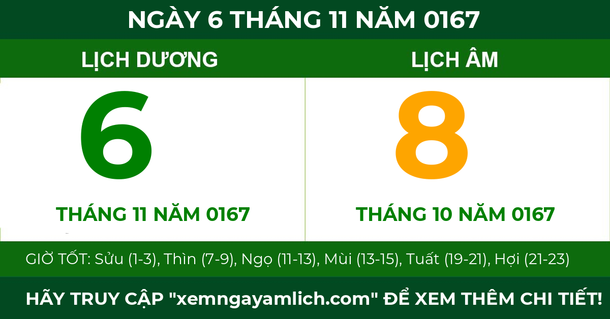 lịch âm ngày 6 tháng 11 năm 0167