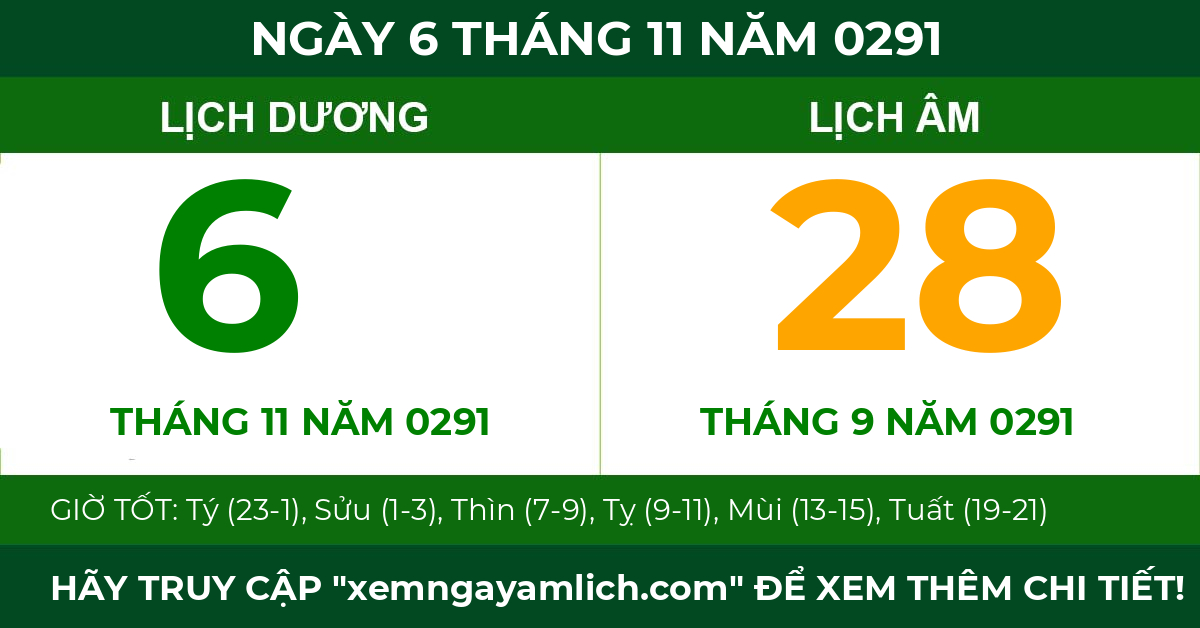 lịch âm ngày 6 tháng 11 năm 0291