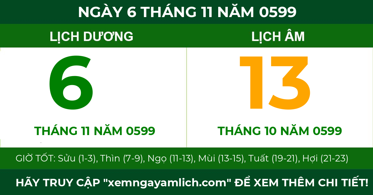 lịch âm ngày 6 tháng 11 năm 0599